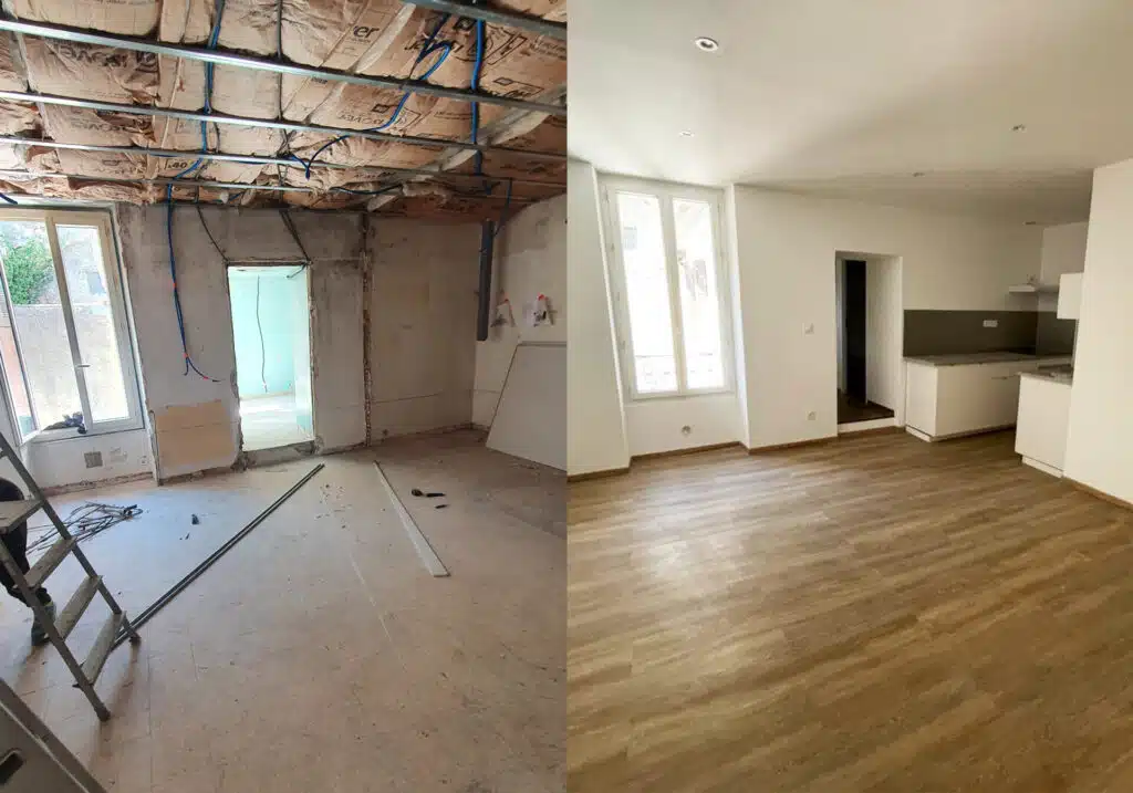 Rénovation totale d'un immeuble sur Orange avant après salon cuisine