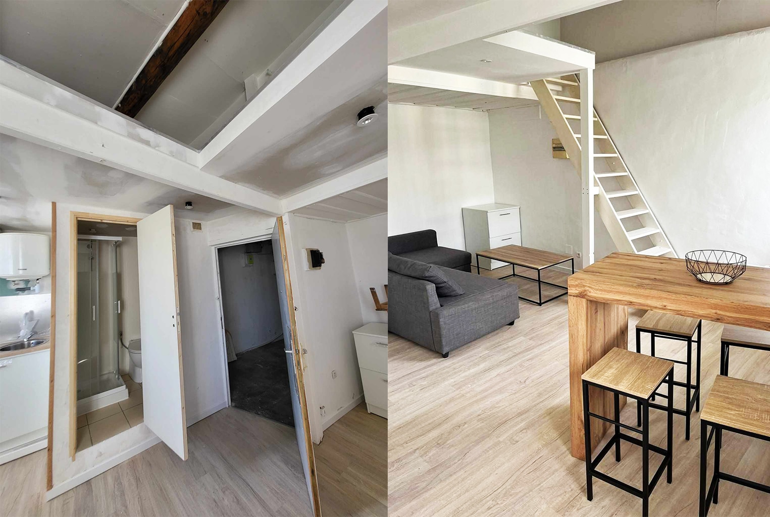 avant apres de la rénovation totale d’un appartement T1 sur Marseille