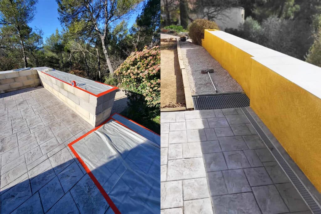 Photo d'un muret de terrasse avant après rénovation de façade à Belcodène