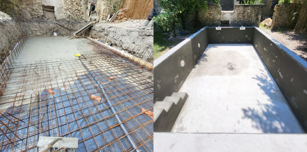 Deux photos d'une création de piscine dans le vaucluse
