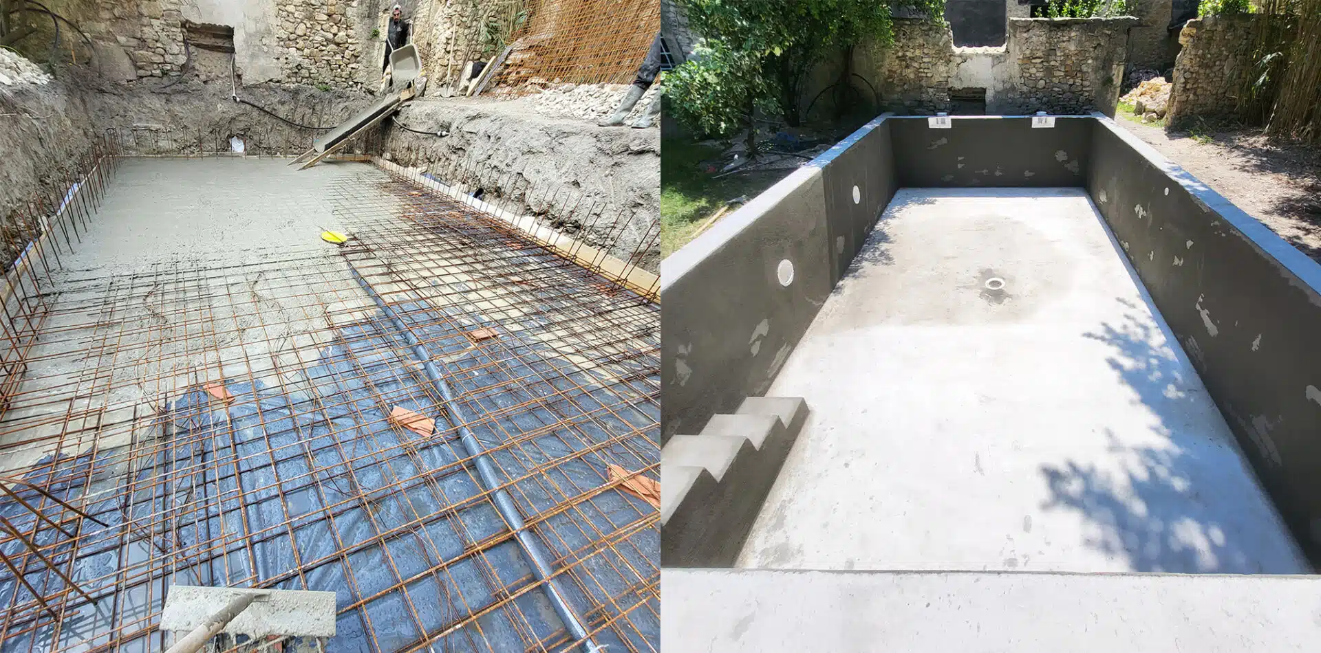 Deux photos d'une création de piscine dans le vaucluse
